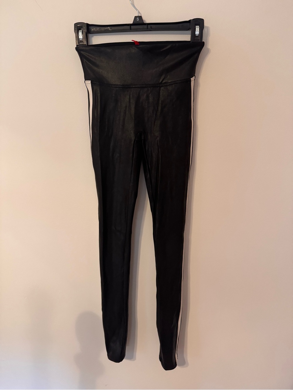 Spanx High-Rise Black Faux Leather Leggings with White Side Stripe